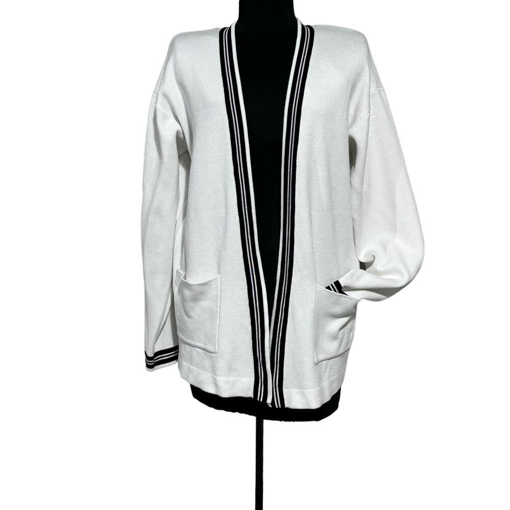 IZOD Open Cardigan Size Medium White Ivory Cream Black Stripe‎